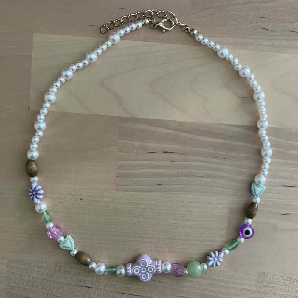 Handmade purple & green pearl beaded necklace